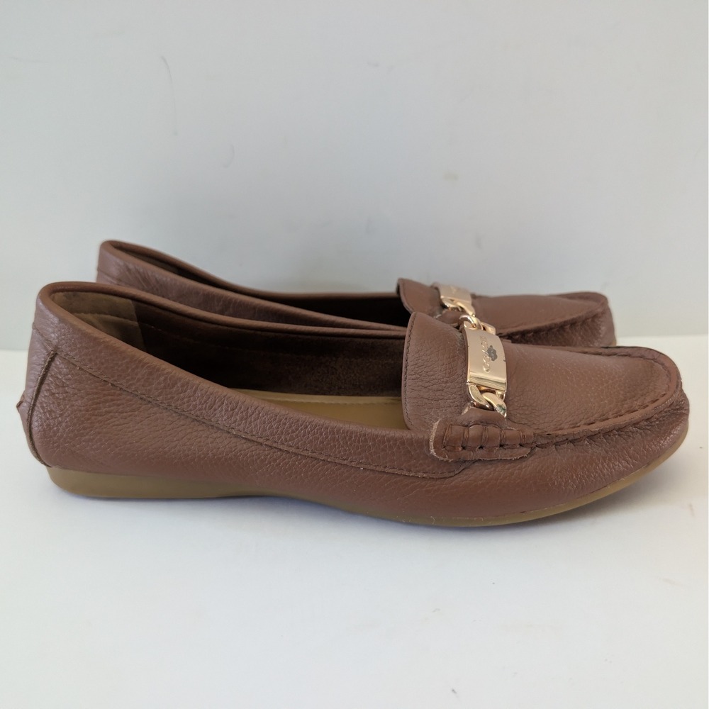 Coach New York Womens Pebble  Leather Olive Loafers Brown Gold Logo Chain Flats